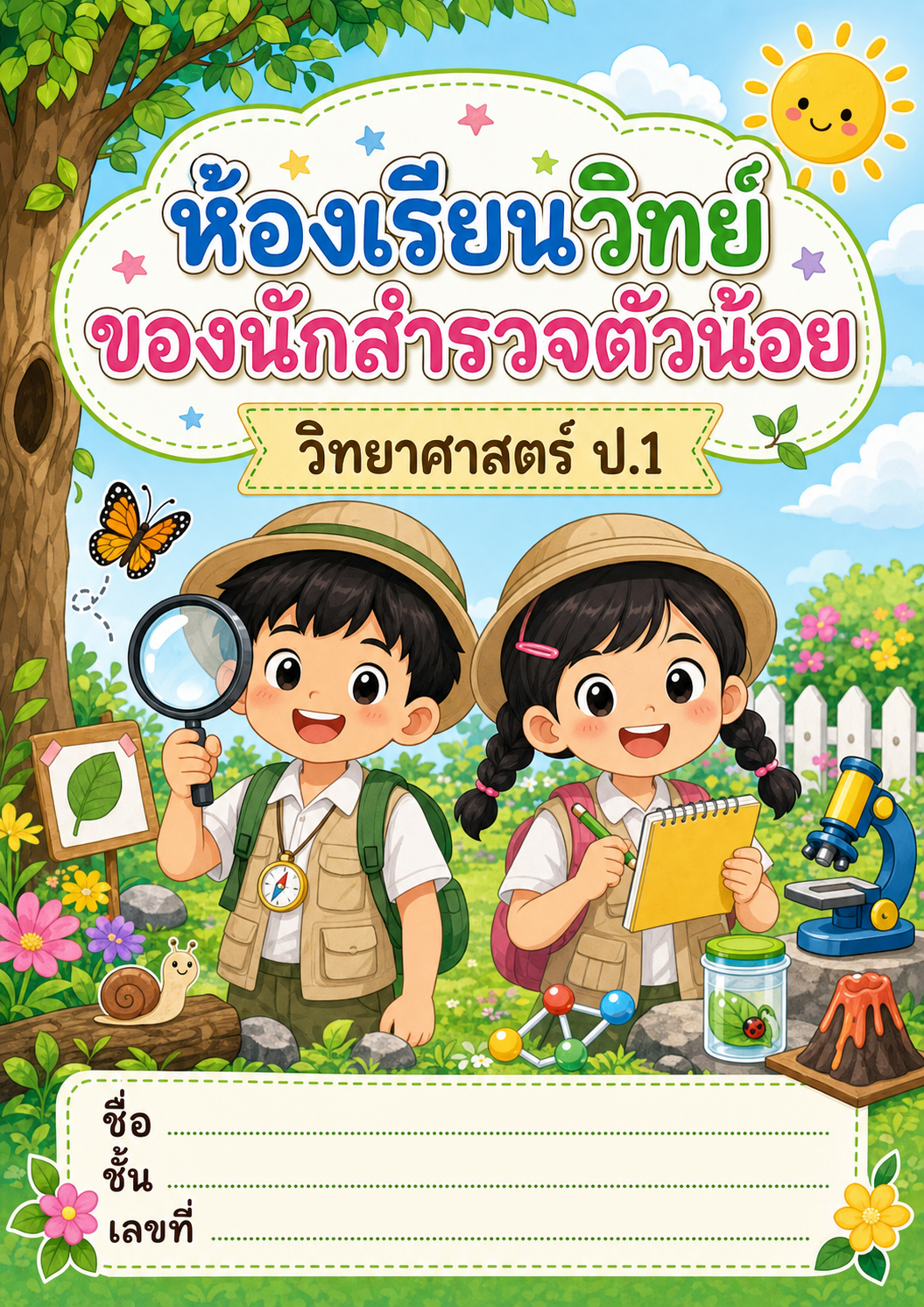 หน้าปกตัวอย่างใบงาน ห้องเรียนวิทย์ ของนักสำรวจตัวน้อย ป.1