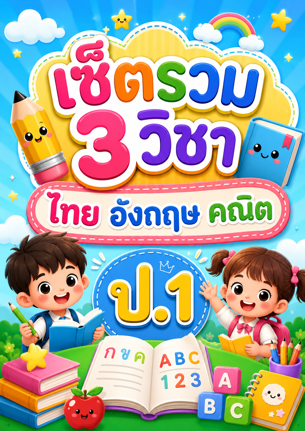 หน้าปกตัวอย่างใบงาน รวม 3 วิชา ไทย , อังกฤษ , คณิต