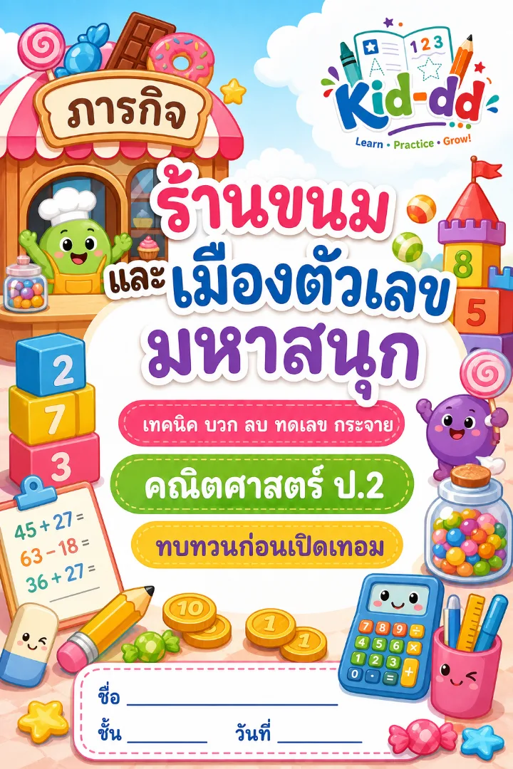 หน้าปกตัวอย่างใบงาน บวก ลบ ทด กระจาย ป.2
