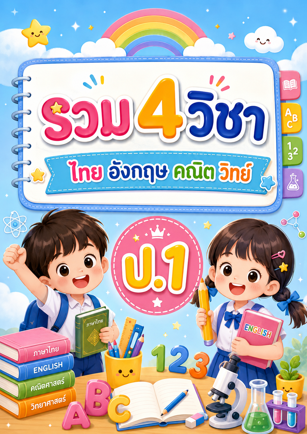 หน้าปกตัวอย่างใบงาน รวม 4 วิชา ไทย อังกฤษ คณิต วิทย์ ป.1